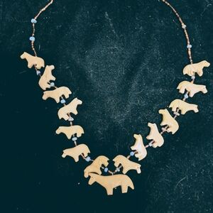 Native American Horse fetish necklace made from fish bone and tourquise